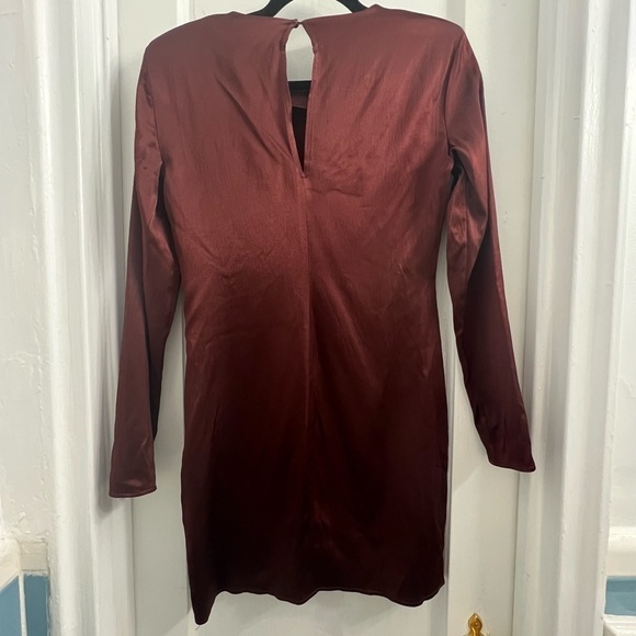 Zara Satin Mini Dress Shoulder Pads Keyhole Button Back M Brown - Picture 3 of 5